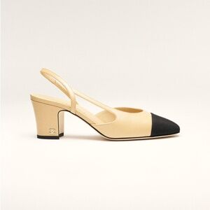 Chanel Slingbacks Beige Black Goatskin & Grosgrain Leather Heel Color Block - 36